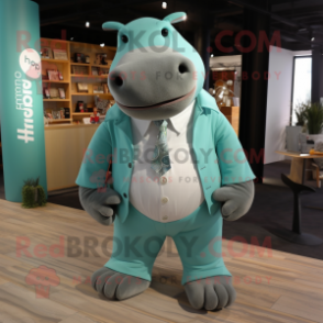 Teal Hippopotamus mascot costume character dressed with a Henley Shirt and Pocket squares