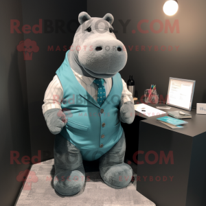Teal Hippopotamus mascot costume character dressed with a Henley Shirt and Pocket squares