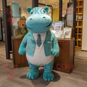 Teal Hippopotamus mascot costume character dressed with a Henley Shirt and Pocket squares