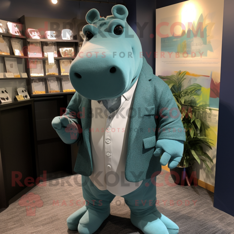Teal Hippopotamus mascot costume character dressed with a Henley Shirt and Pocket squares