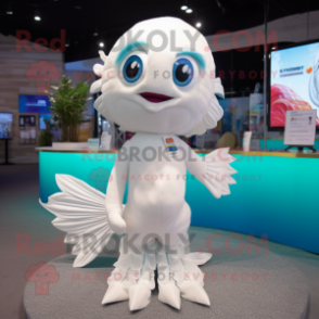 White Betta Fish mascot costume character dressed with a Romper and Necklaces