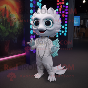 White Betta Fish mascot costume character dressed with a Romper and Necklaces