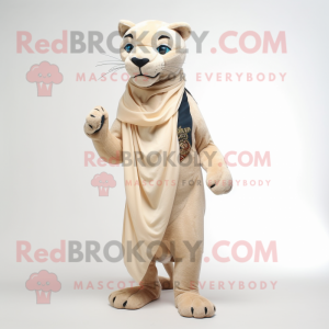 Beige Panther mascot costume character dressed with a Sheath Dress and Scarves