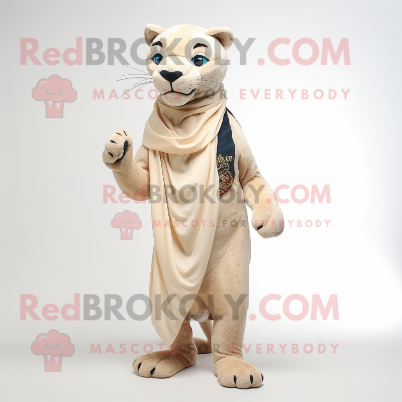 Beige Panther mascot costume character dressed with a Sheath Dress and Scarves Beige Panther mascot costume character dressed with a Sheath Dress and Scarves
