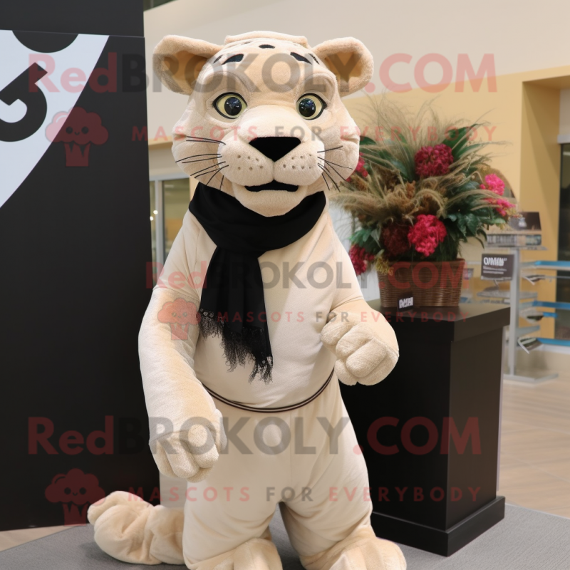 Beige Panther mascot costume character dressed with a Sheath Dress and Scarves