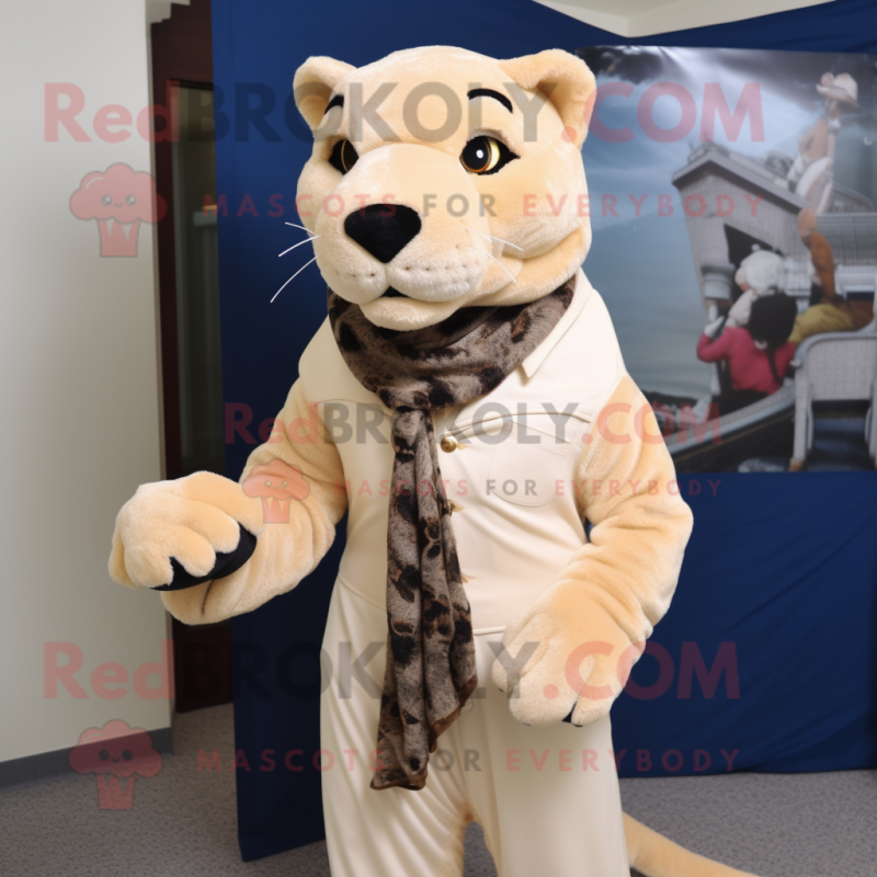 Beige Panther mascot costume character dressed with a Sheath Dress and Scarves Beige Panther mascot costume character dressed with a Sheath Dress and Scarves
