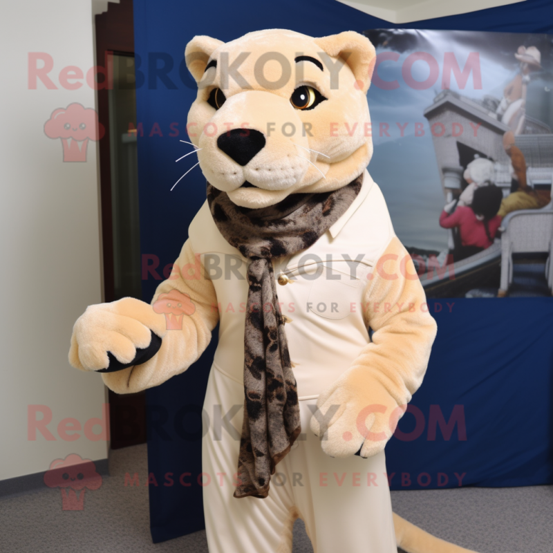 Beige Panther mascot costume character dressed with a Sheath Dress and Scarves