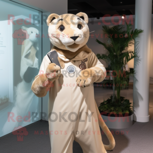 Beige Panther mascot costume character dressed with a Sheath Dress and Scarves