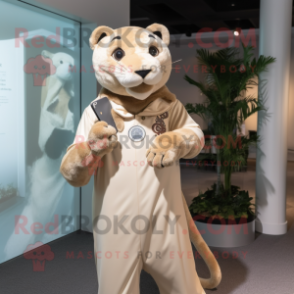 Beige Panther mascot costume character dressed with a Sheath Dress and Scarves