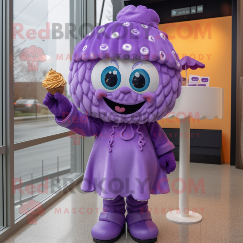 Purple Cupcake mascot costume character dressed with a Raincoat and Mittens