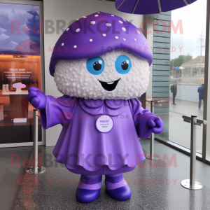 Purple Cupcake mascot costume character dressed with a Raincoat and Mittens