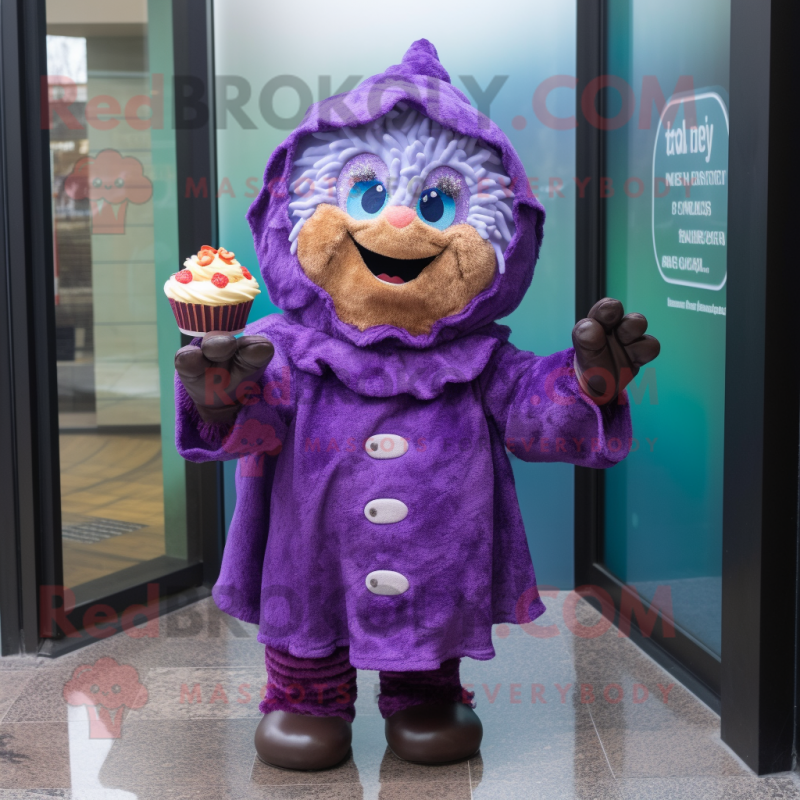 Purple Cupcake mascot costume character dressed with a Raincoat and Mittens