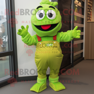 Lime Green Cod mascot costume character dressed with a Dungarees and Gloves