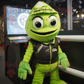 Lime Green Cod mascot costume character dressed with a Dungarees and Gloves