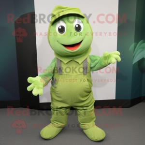 Lime Green Cod mascot costume character dressed with a Dungarees and Gloves
