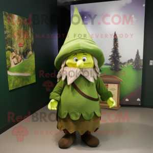 Olive Wizard mascot costume character dressed with a Skirt and Hats