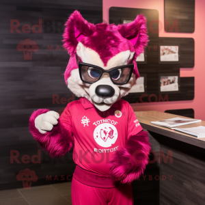 Magenta Say Wolf mascot costume character dressed with a T-Shirt and Reading glasses