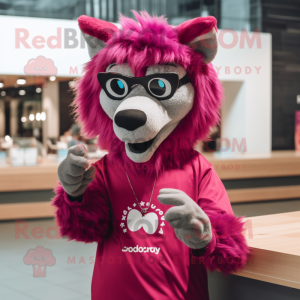 Magenta Say Wolf mascot costume character dressed with a T-Shirt and Reading glasses