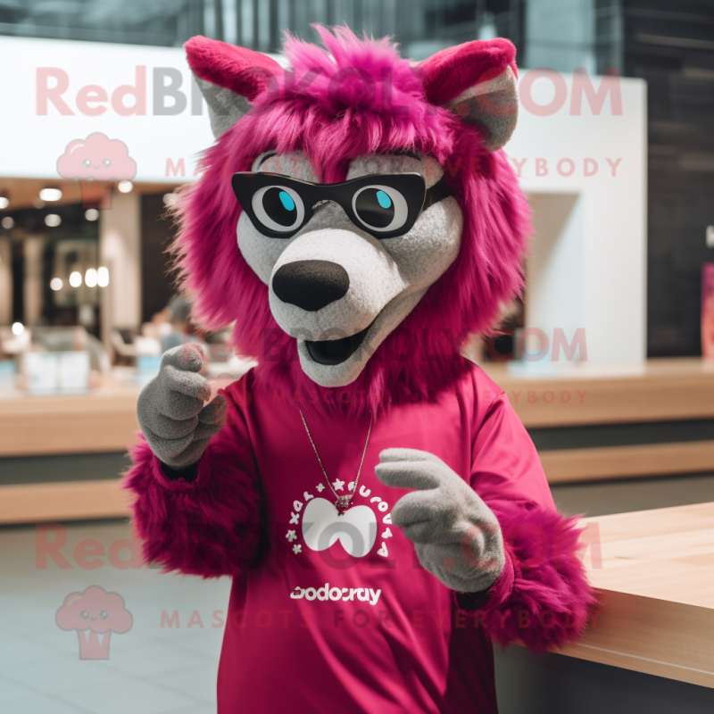 Magenta Say Wolf mascot costume character dressed with a T-Shirt and Reading glasses Magenta Say Wolf mascot costume character dressed with a T-Shirt and Reading glasses