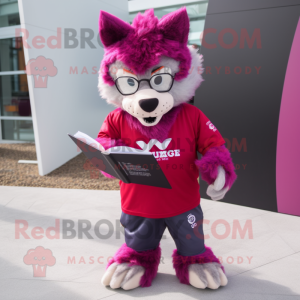 Magenta Say Wolf mascot costume character dressed with a T-Shirt and Reading glasses