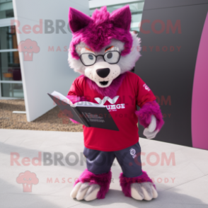 Magenta Say Wolf mascot costume character dressed with a T-Shirt and Reading glasses