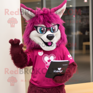 Magenta Say Wolf mascot costume character dressed with a T-Shirt and Reading glasses