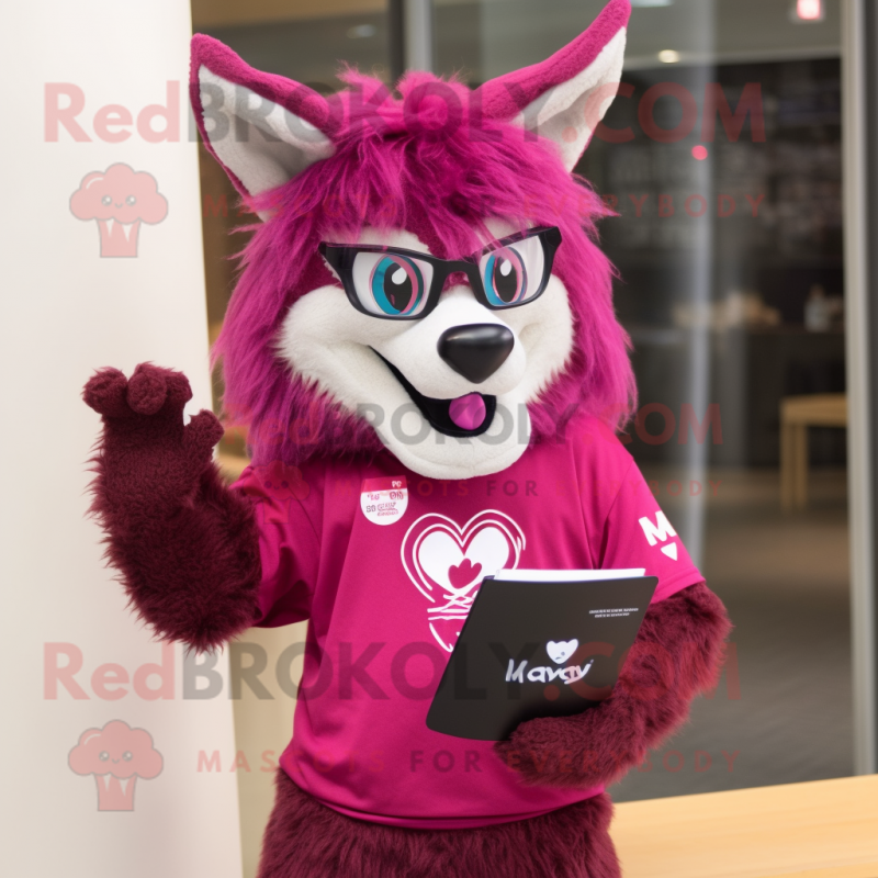 Magenta Say Wolf mascot costume character dressed with a T-Shirt and Reading glasses Magenta Say Wolf mascot costume character dressed with a T-Shirt and Reading glasses