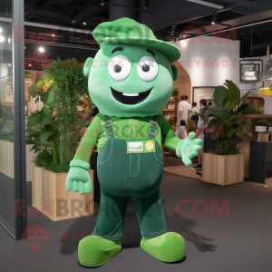 Green Pho mascot costume character dressed with a Dungarees and Shoe laces