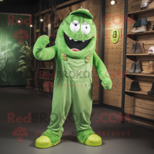 Green Pho mascot costume character dressed with a Dungarees and Shoe laces