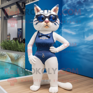 Navy Lynx mascot costume character dressed with a One-Piece Swimsuit and Eyeglasses