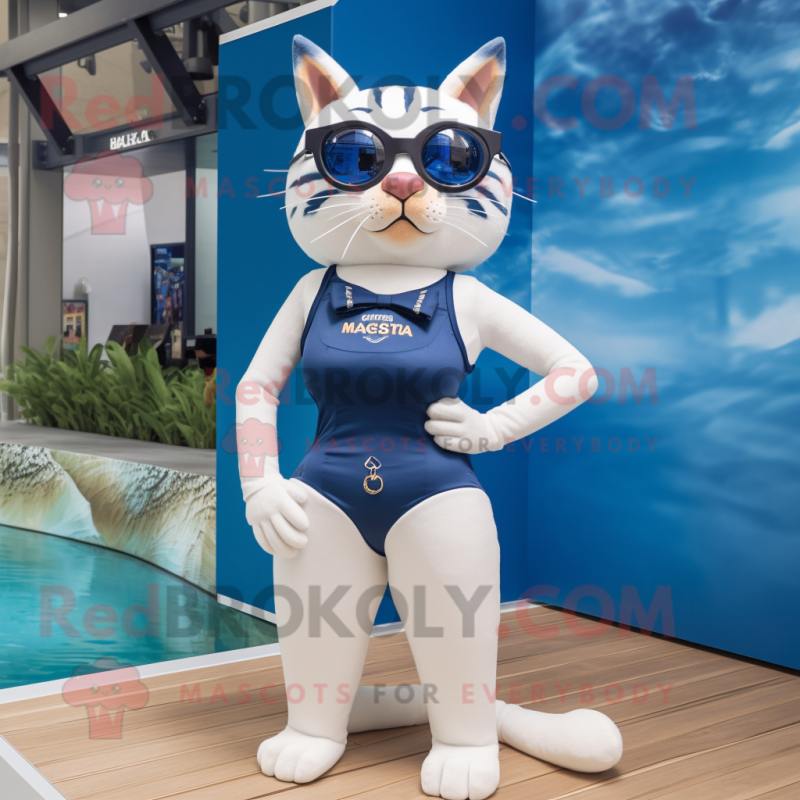 Navy Lynx mascot costume character dressed with a One-Piece Swimsuit and Eyeglasses Navy Lynx mascot costume character dressed with a One-Piece Swimsuit and Eyeglasses