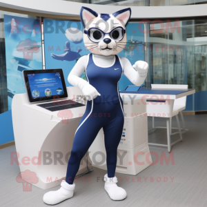 Navy Lynx mascot costume character dressed with a One-Piece Swimsuit and Eyeglasses