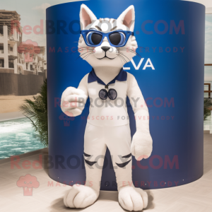 Navy Lynx mascot costume character dressed with a One-Piece Swimsuit and Eyeglasses