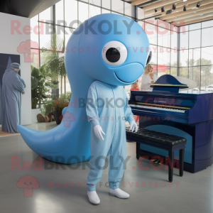 Silver Blue Whale mascot costume character dressed with a Romper and Rings