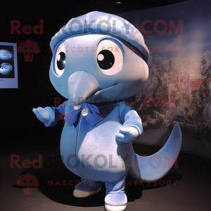 Silver Blue Whale mascot costume character dressed with a Romper and Rings
