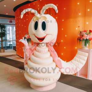 Peach Shrimp Scampi mascot costume character dressed with a Wedding Dress and Bracelets