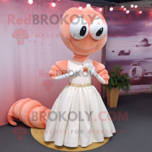 Peach Shrimp Scampi mascot costume character dressed with a Wedding Dress and Bracelets