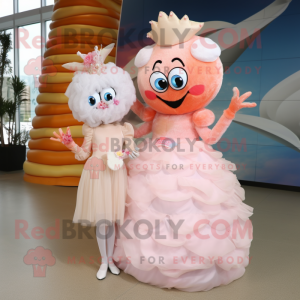 Peach Shrimp Scampi mascot costume character dressed with a Wedding Dress and Bracelets