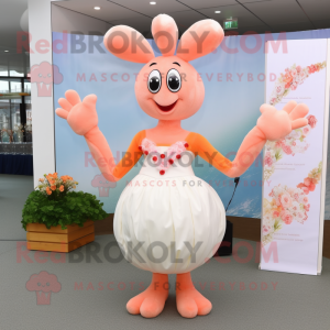 Peach Shrimp Scampi mascot costume character dressed with a Wedding Dress and Bracelets