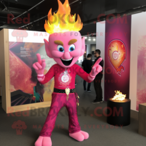 Pink Fire Eater mascot costume character dressed with a Graphic Tee and Bracelets