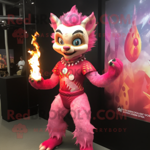 Pink Fire Eater mascot costume character dressed with a Graphic Tee and Bracelets