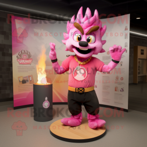 Pink Fire Eater mascot costume character dressed with a Graphic Tee and Bracelets