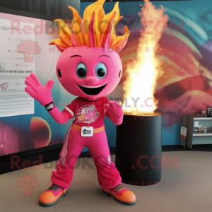 Pink Fire Eater mascot costume character dressed with a Graphic Tee and Bracelets