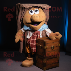 Brown Treasure Chest mascot costume character dressed with a Oxford Shirt and Scarves