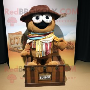 Brown Treasure Chest mascot costume character dressed with a Oxford Shirt and Scarves