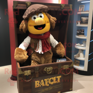 Brown Treasure Chest mascot costume character dressed with a Oxford Shirt and Scarves