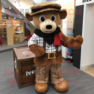 Brown Treasure Chest mascot costume character dressed with a Oxford Shirt and Scarves