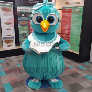 Teal Butter Chicken mascot costume character dressed with a Circle Skirt and Reading glasses