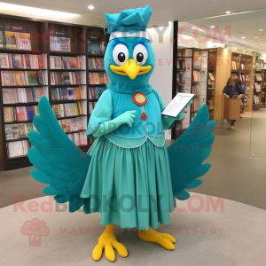 Teal Butter Chicken mascot costume character dressed with a Circle Skirt and Reading glasses