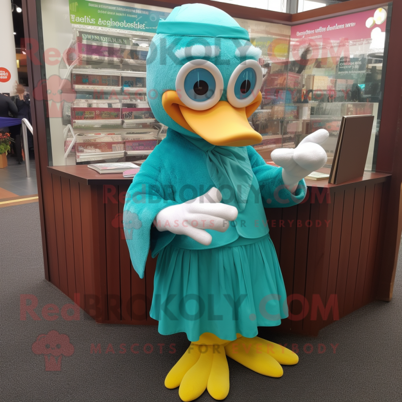 Teal Butter Chicken mascot costume character dressed with a Circle Skirt and Reading glasses